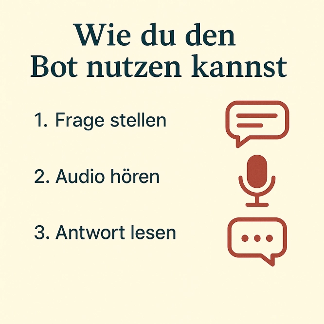 Wie du den Bot nutzen kannst: Frage stellen, Audio hören, Antwort lesen